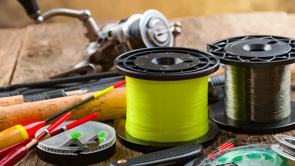 A spool of vibrant braided lines alongside other fishing equipment