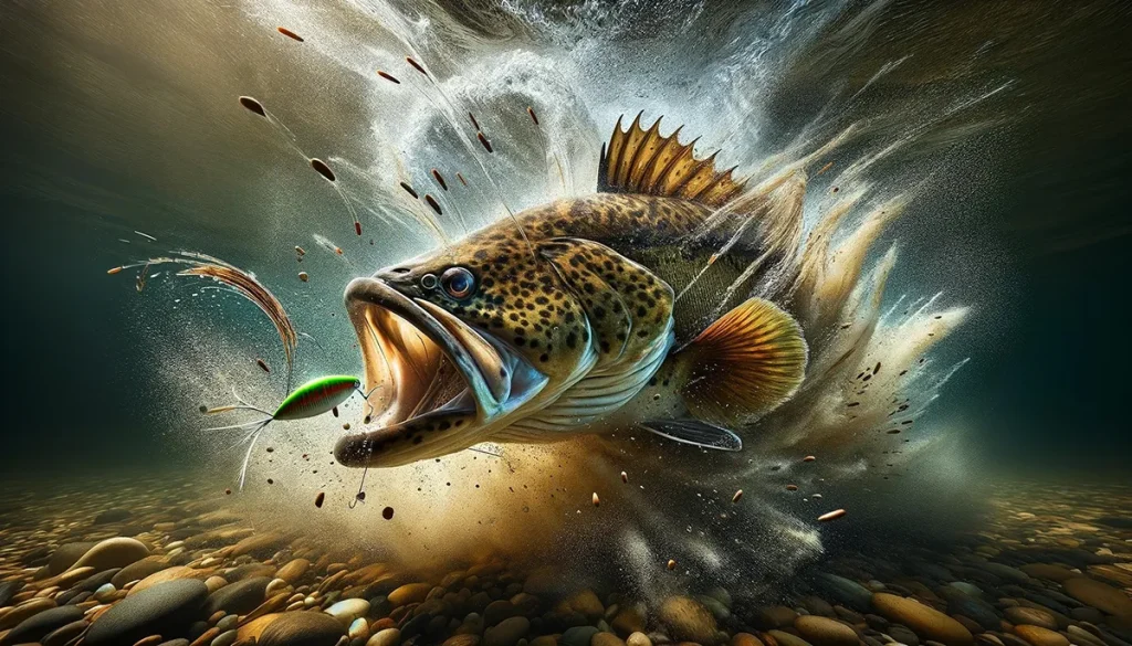 Large freshwater fish striking a green lure with a splash
