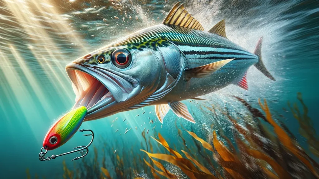 Whiting fish biting a colorful lure underwater