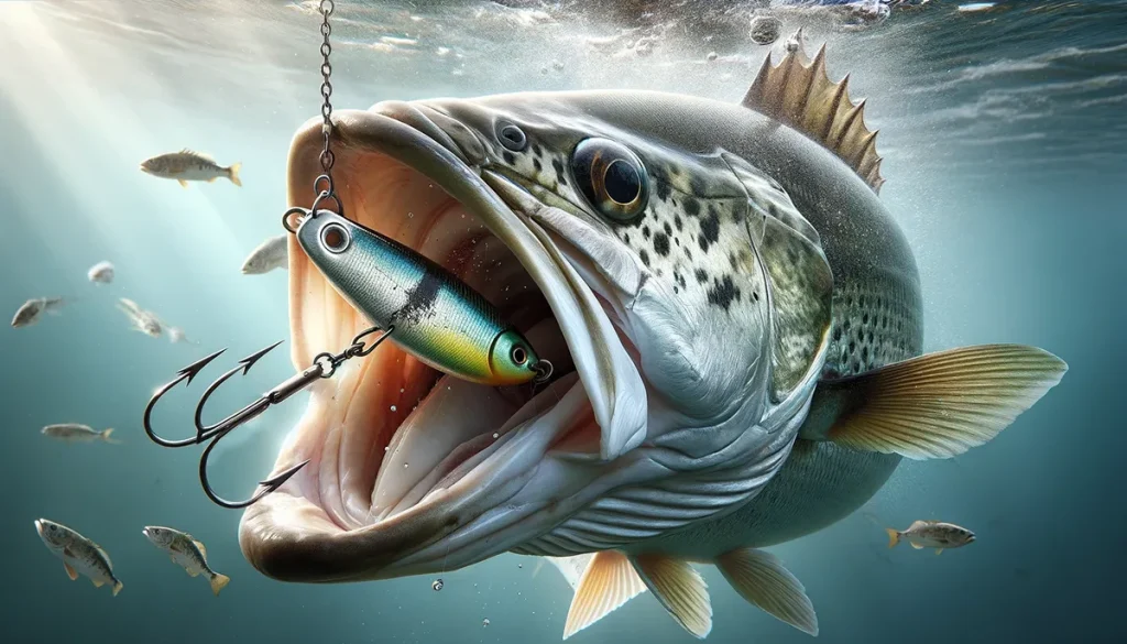 another image of a barramundi taking a lure bite