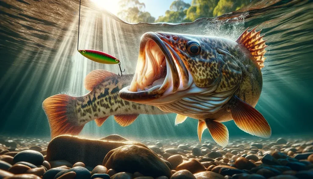 Murray Cod striking a colorful lure in a sunlit underwater scene