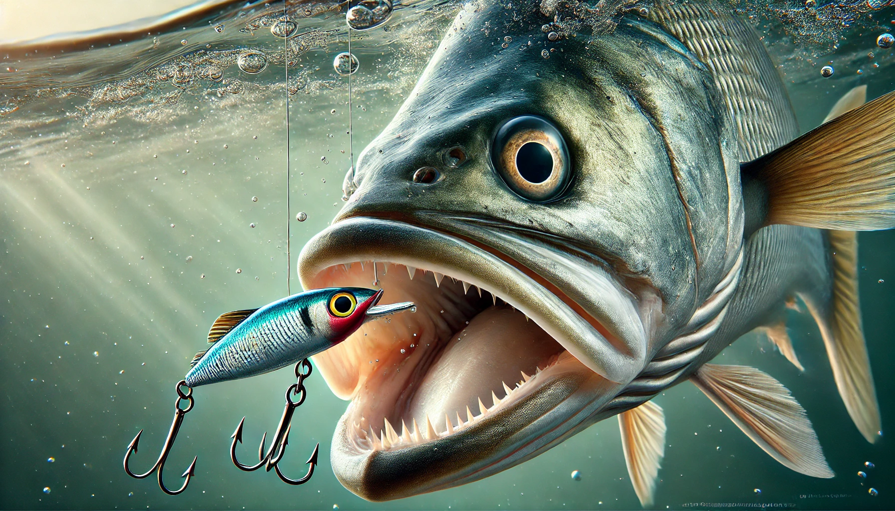 The Ultimate Guide to the Best Mulloway Lures  1 Close-up of a mulloway about to bite a fishing lure underwater.